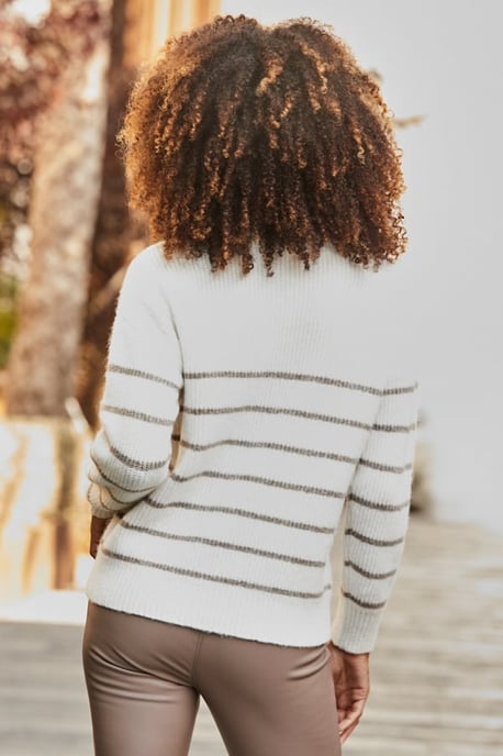 Ivory & Taupe Stripe Quarter Zip Jumper - Image 5