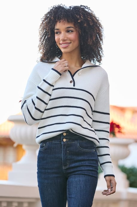 Ivory & Navy Stripe Gold Button Detail Collared Jumper - Image 1