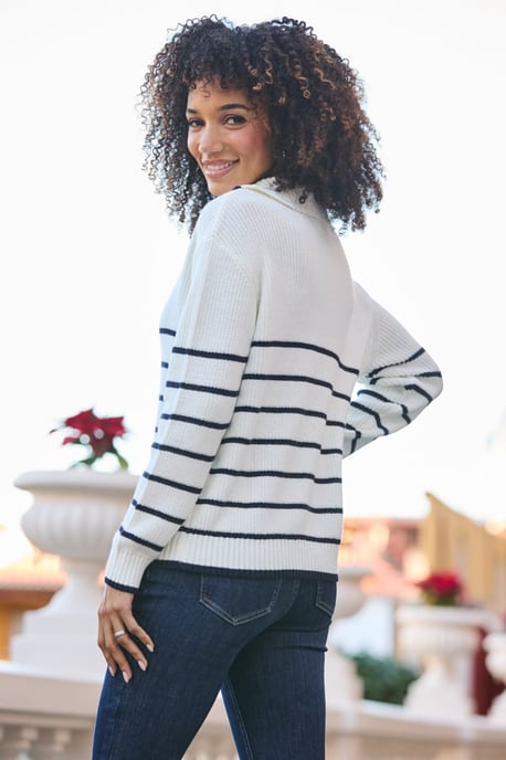 Ivory & Navy Stripe Gold Button Detail Collared Jumper - Image 3