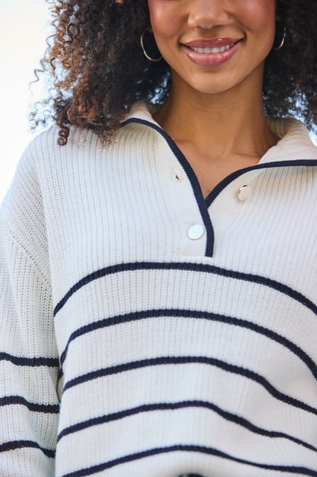 Ivory & Navy Stripe Gold Button Detail Collared Jumper - Image 4