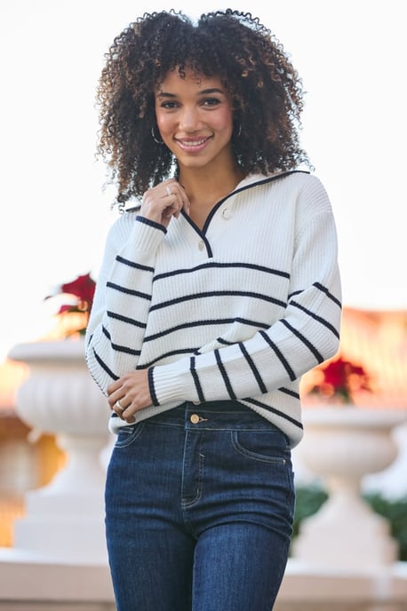 Ivory & Navy Stripe Gold Button Detail Collared Jumper - Image 5