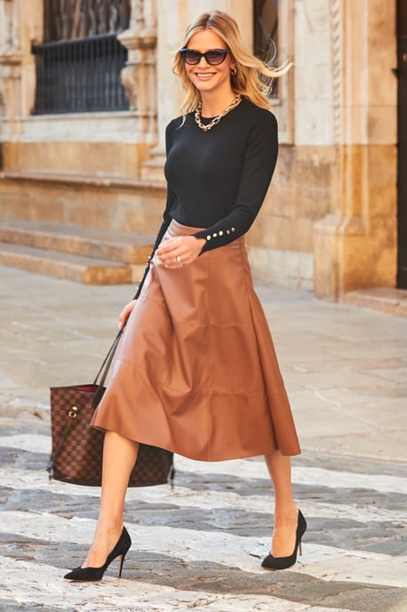 Tan Leather Look Panelled A-Line Midi Skirt - Image 2