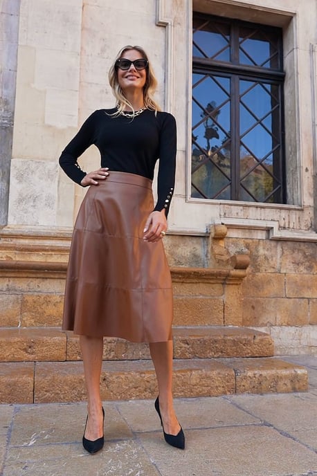 Tan Leather Look Panelled A-Line Midi Skirt - Image 4