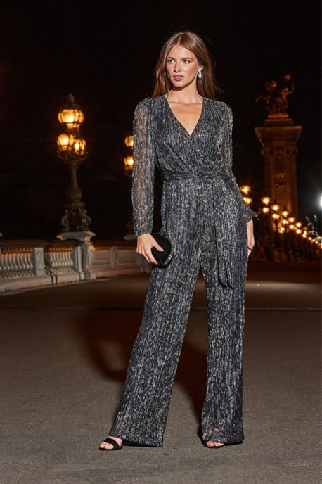 Silver Sparkle Plisse Wrap Front Wide Leg Jumpsuit - Image 1
