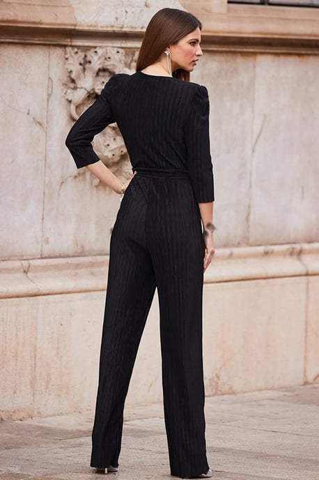 Black Plisse Wrap Front Jumpsuit - Image 3