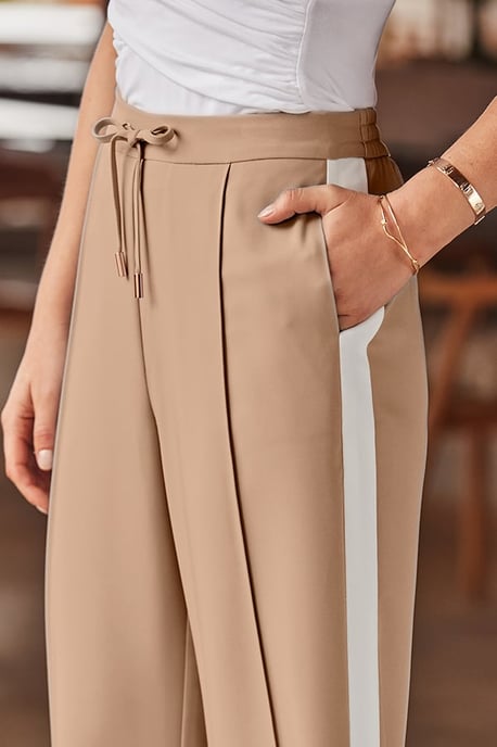 Camel & White Side Stripe Wide Leg Trousers - Image 3