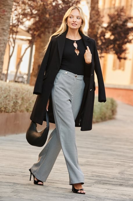 Black & White Houndstooth Print Wide Leg Trousers - Image 1