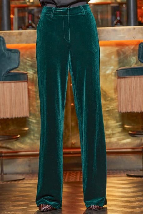 Emerald Green Luxe Velvet Wide Leg Trousers - Image 2
