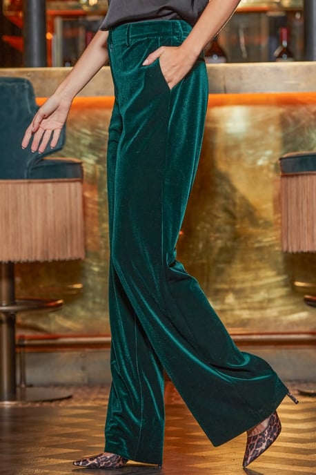 Emerald Green Luxe Velvet Wide Leg Trousers - Image 3