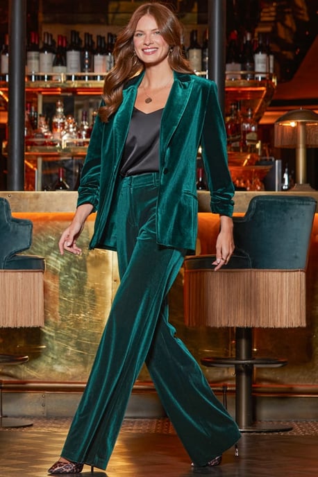 Emerald Green Luxe Velvet Wide Leg Trousers - Image 5