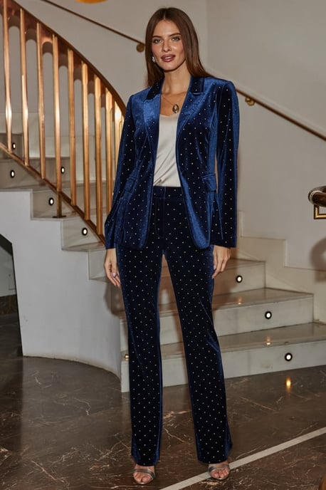 Sapphire Blue Velvet Sparkling Diamante Kick Flare Trousers - Image 3