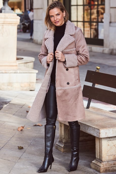 Stone Faux Suede & Shearling Double Breasted Coat - Image 4