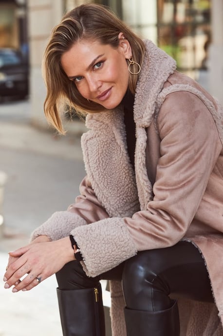 Stone Faux Suede & Shearling Double Breasted Coat - Image 5