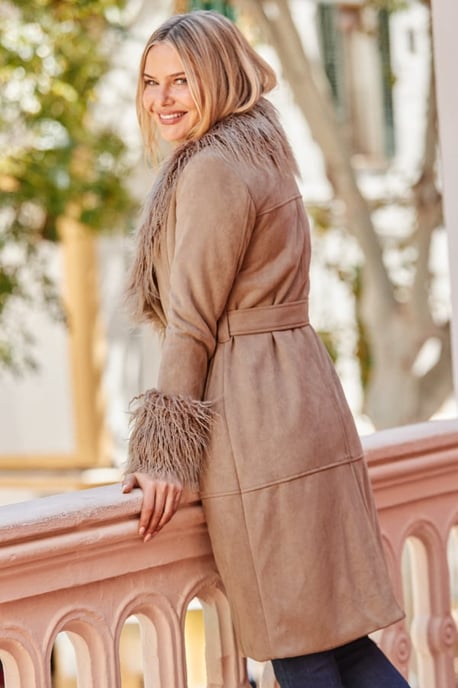 Taupe Luxe Faux Suede & Fur Afghan Coat - Image 4