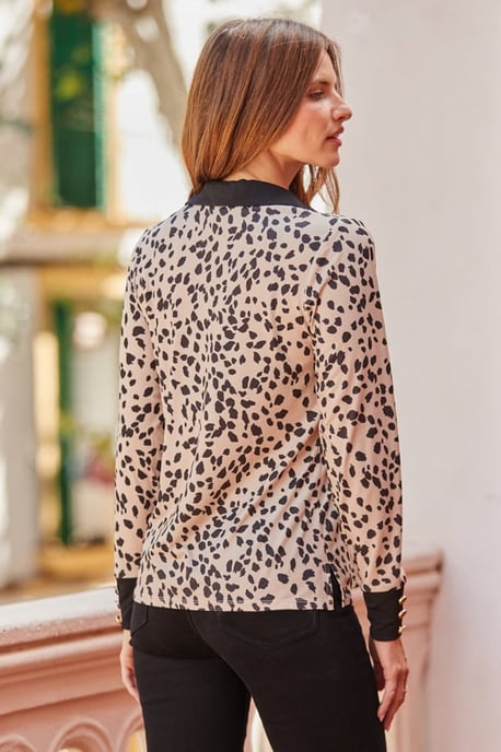 Animal Print Contrast Trim Zip Front Top - Image 4