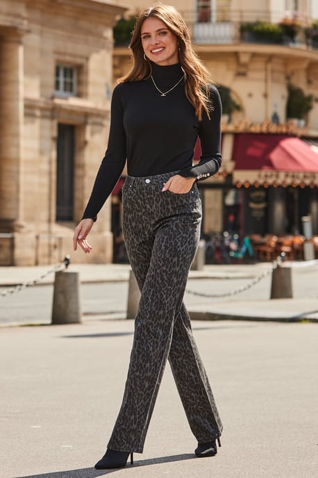 Grey Leopard Print Wide Leg Jeans - Image 2
