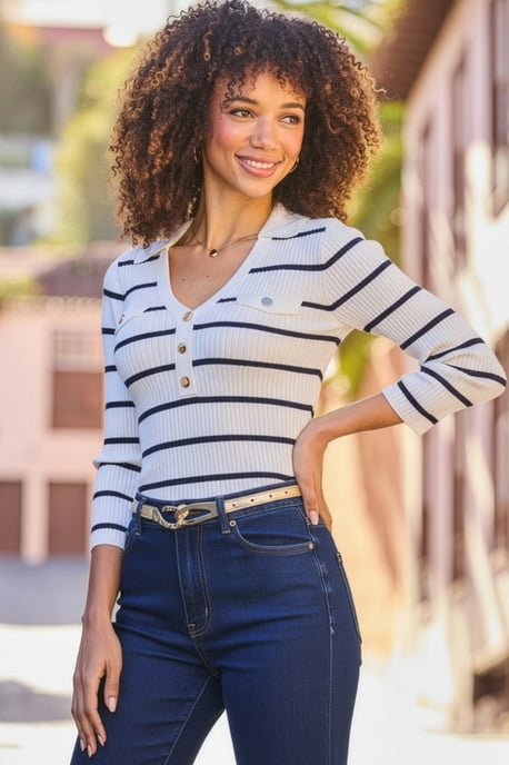 Ivory & Navy Stripe Collared Knitted Top - Image 1