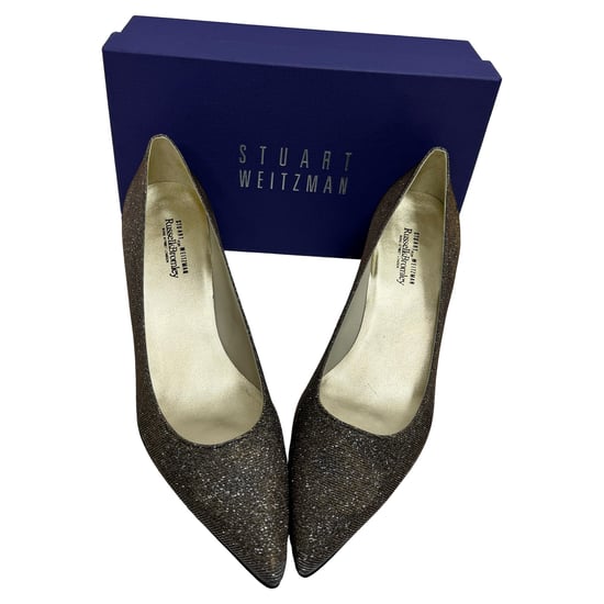 Stuart Weitzman Power 50 Pointed Toe Pumps in Gold Glitter - Image 5