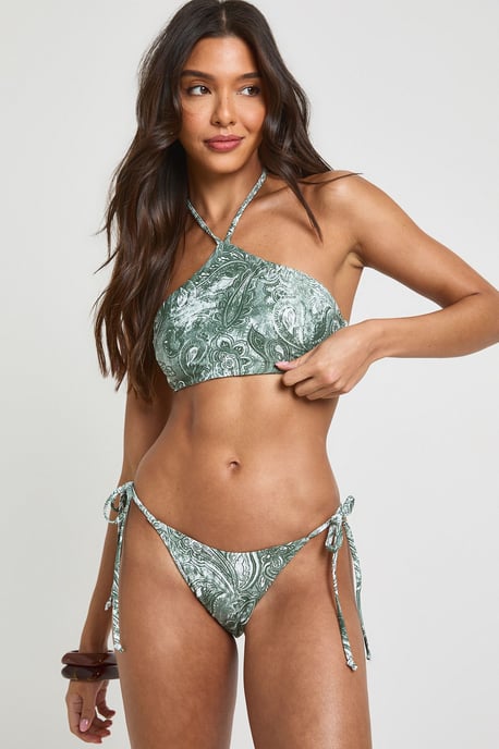 Paisley Print Halter Bikini Top And Tie Side Bikini Bottom Set - Image 1