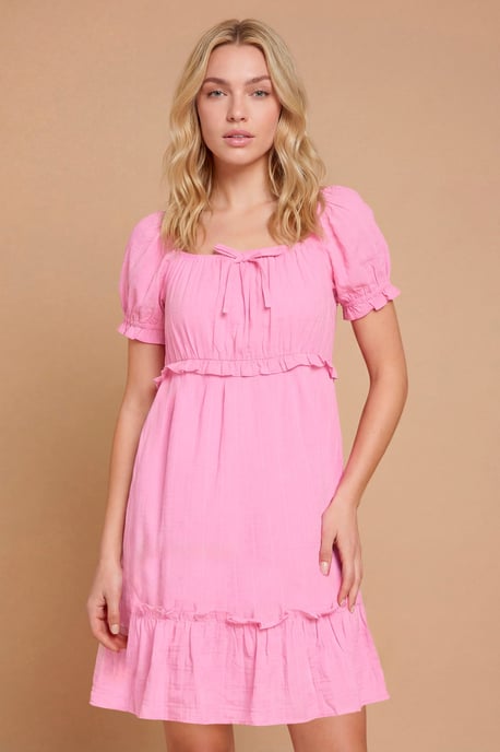 Petite Tie Detail Puff Sleeve Cotton Mini Dress - Image 4