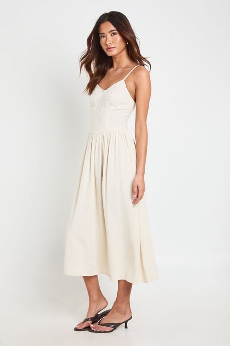 Premium Linen Corset Detail Midi Skater Dress - Image 1