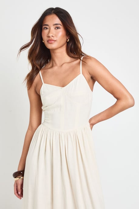 Premium Linen Corset Detail Midi Skater Dress - Image 4