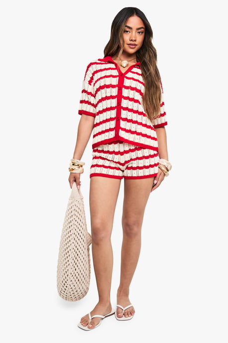 Crochet Stripe Collared Shirt and Short Co-Ord - Image 3