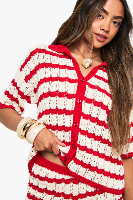Crochet Stripe Collared Shirt and Short Co-Ord - Image 4