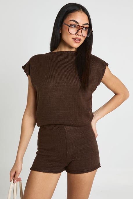 Sleeveless Slash Neck Long Line Top and Shorts Set - Image 1