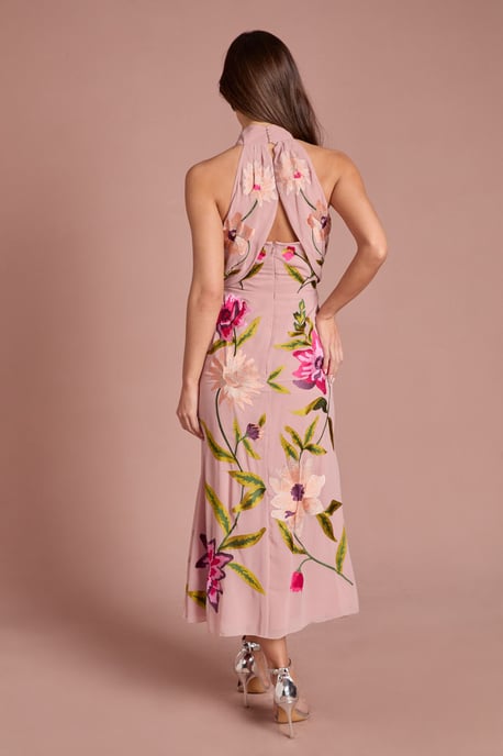 High Neck Midi Dress With Floral Embroidery - Image 3