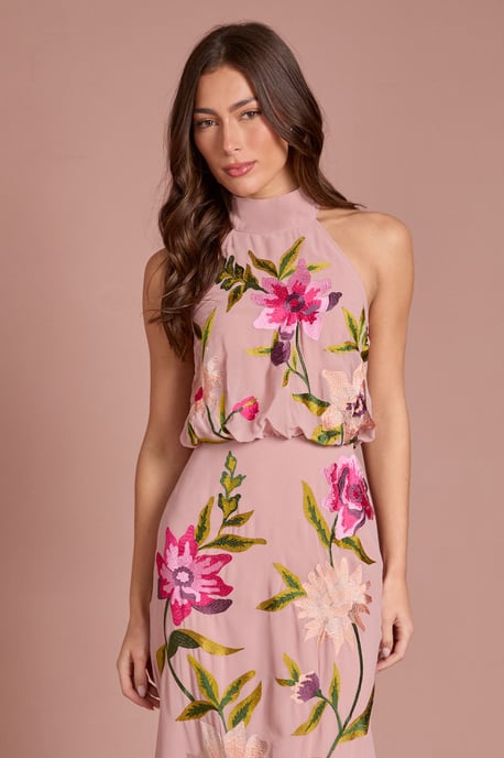 High Neck Midi Dress With Floral Embroidery - Image 5