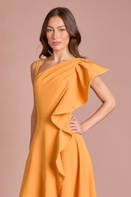 One Shoulder Crepe Ruffle Midi Dress - Image 4