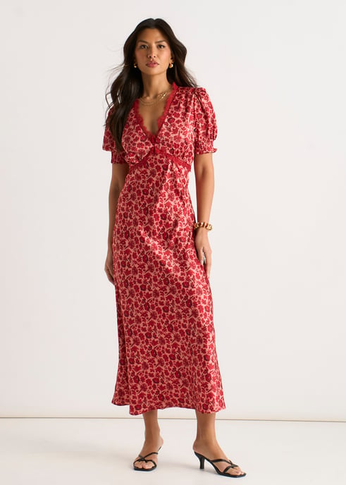 Red Floral Lace Trim V Neck Midi Dress - Image 1