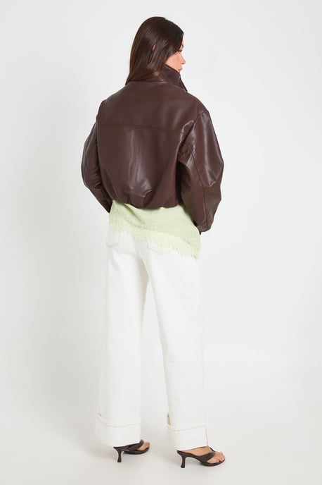 Funnel Neck Zip Pockets Faux leather Jacket - Image 2