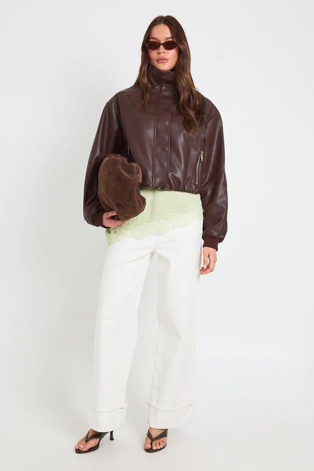 Funnel Neck Zip Pockets Faux leather Jacket - Image 3