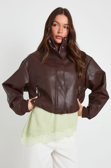 Funnel Neck Zip Pockets Faux leather Jacket - Image 4