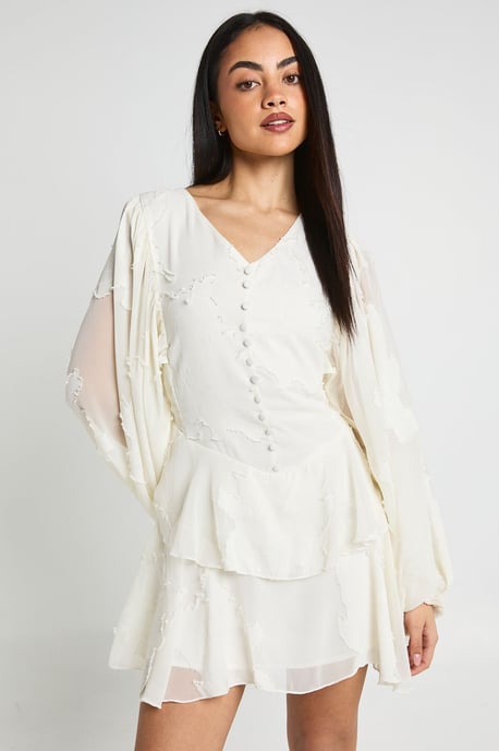 Floral Burnout Volume Sleeve Ruffle Hem Mini Dress - Image 1
