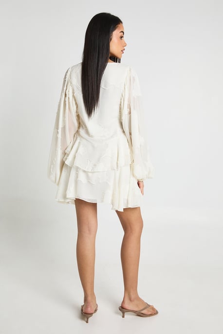 Floral Burnout Volume Sleeve Ruffle Hem Mini Dress - Image 3