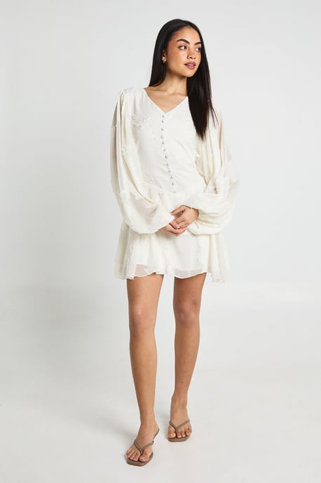 Floral Burnout Volume Sleeve Ruffle Hem Mini Dress - Image 4