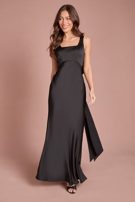 Square Neck Satin and Crepe Bridesmaid Dress with Bow Back - Image 1