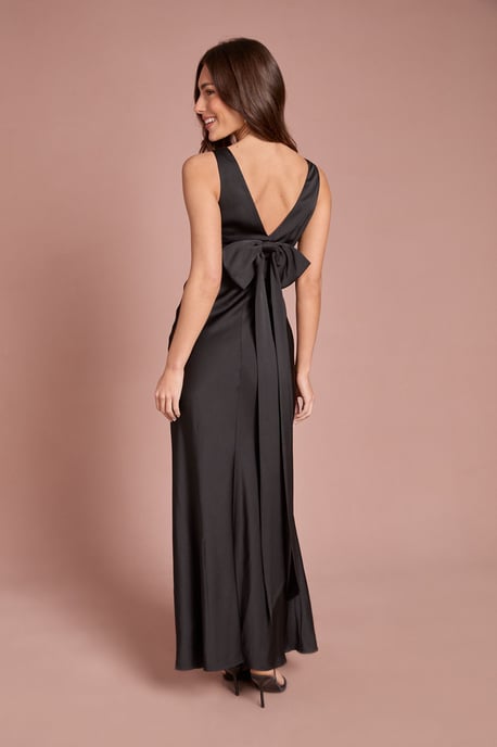 Square Neck Satin and Crepe Bridesmaid Dress with Bow Back - Image 3