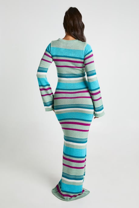 Slash Neck Long Sleeve Knitted Maxi Dress - Image 2