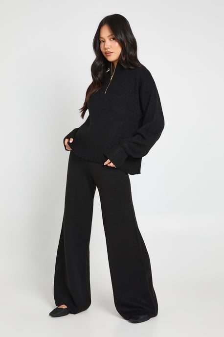 Petite Super Soft Zip Neck Oversized Jumper and Wide Leg Trouser Co-Ord - Image 1