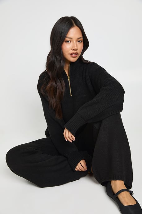 Petite Super Soft Zip Neck Oversized Jumper and Wide Leg Trouser Co-Ord - Image 3