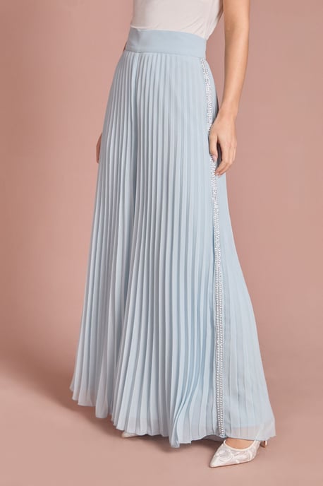 Pearl Embellished Pleated Georgette Wide Leg Trouser - Image 2