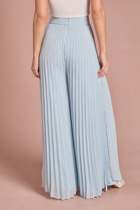 Pearl Embellished Pleated Georgette Wide Leg Trouser - Image 3