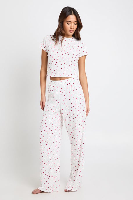 Pointelle Heart Print Baby Tee & Wide Leg Trouser Pyjama Set - Image 1
