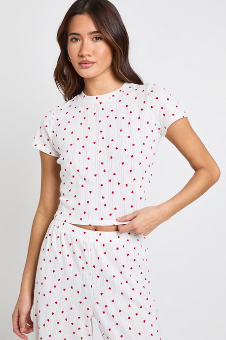 Pointelle Heart Print Baby Tee & Wide Leg Trouser Pyjama Set - Image 3