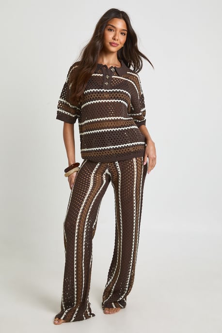 Stripe Crochet Button Down Shirt and Wide Leg Trouser Co-Ord - Image 3