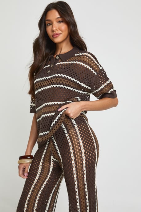 Stripe Crochet Button Down Shirt and Wide Leg Trouser Co-Ord - Image 4